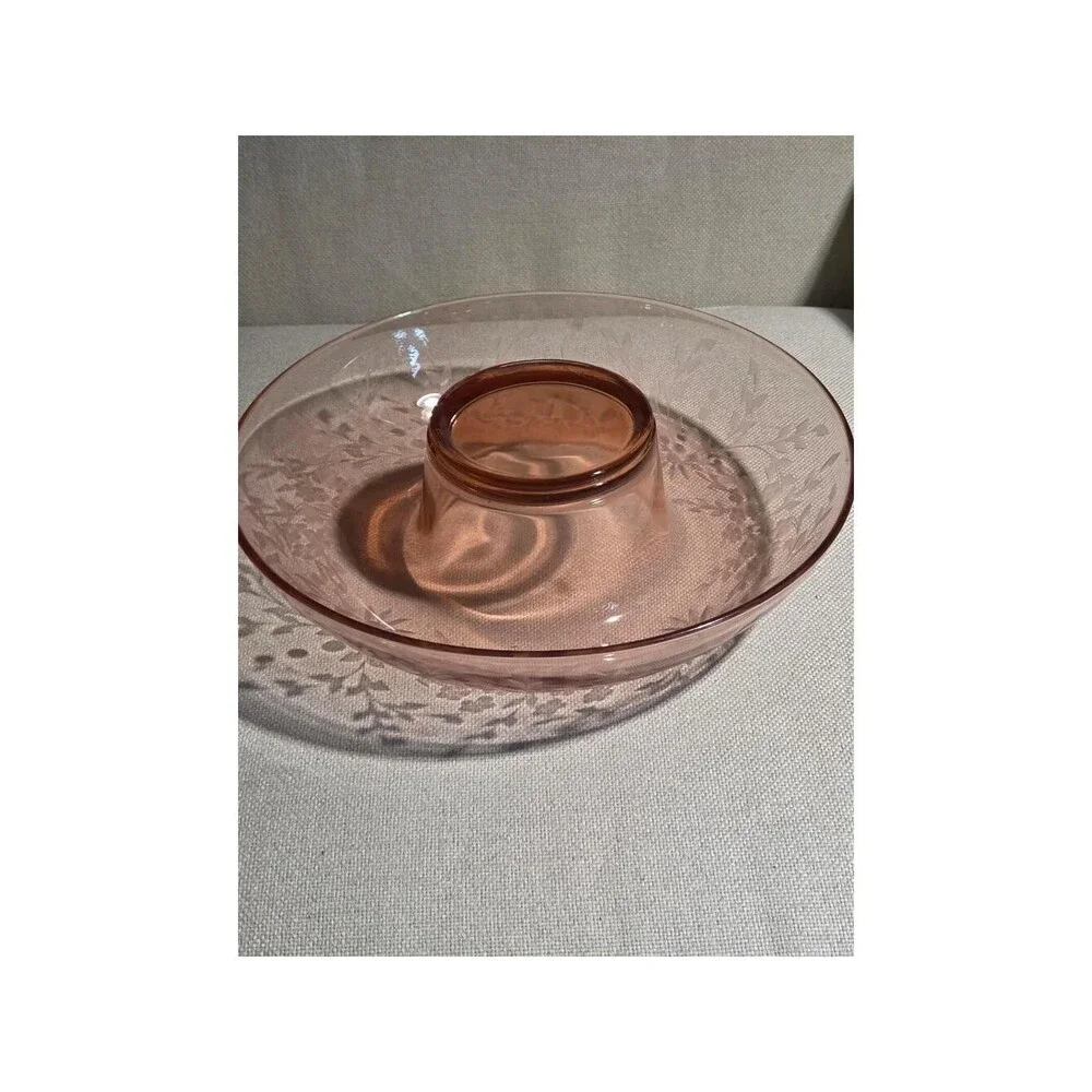 Vintage Pink Depression Glass Centerpiece Bowl Etched Floral Rolled Rim 12 in